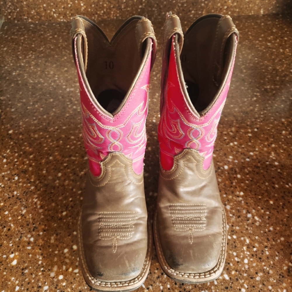 Kids Ariat Square Toe Boots- Brown with Pink Tops Size 10